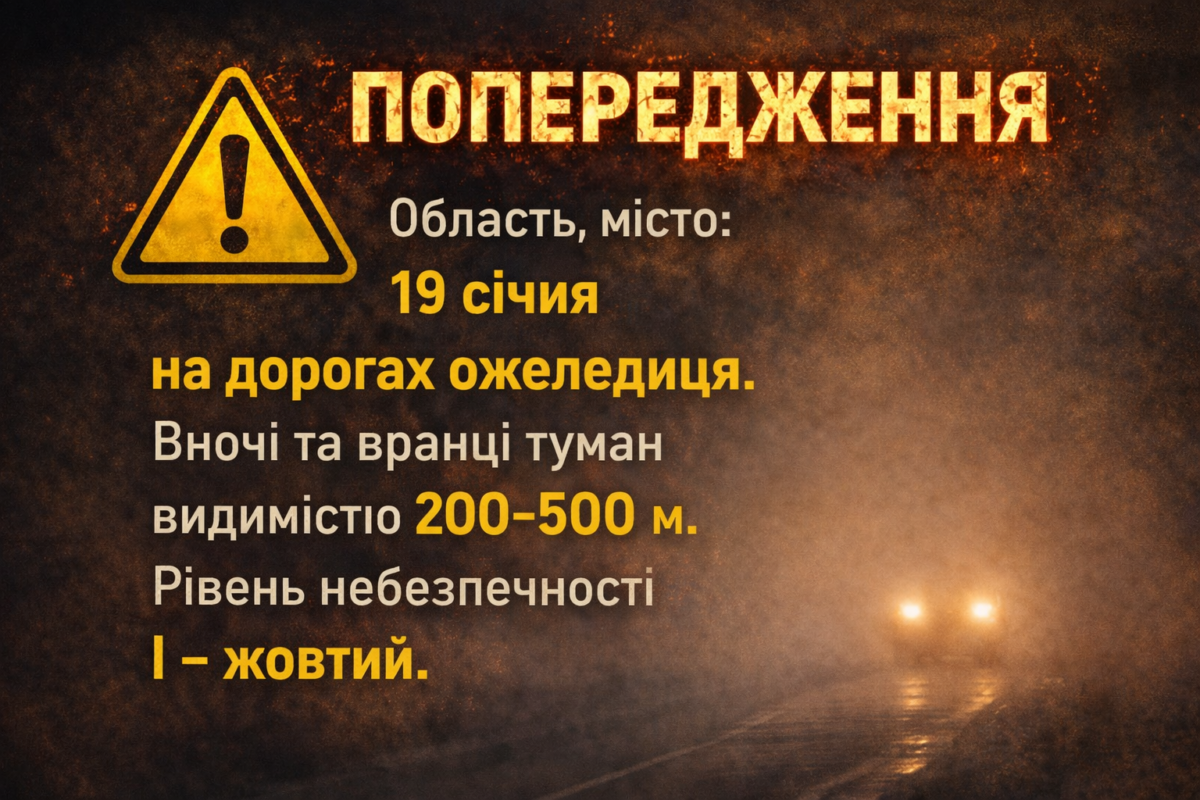 На Тернопільщині 19 січня прогнозують туман і ожеледицю. Оголошено жовтий рівень небезпеки
