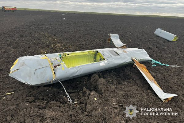 уламки російської ракети Х-101 у полі, які знешкоджують вибухотехніки